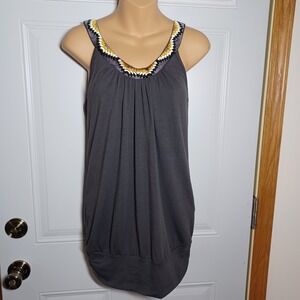 SUA Clothing Grey Tank Top Crochet Trim Neckline Bottom Band Ruched Sides Size S